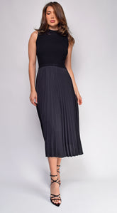 Ashlen Black Pleated Contrast High Neck Midi Dress